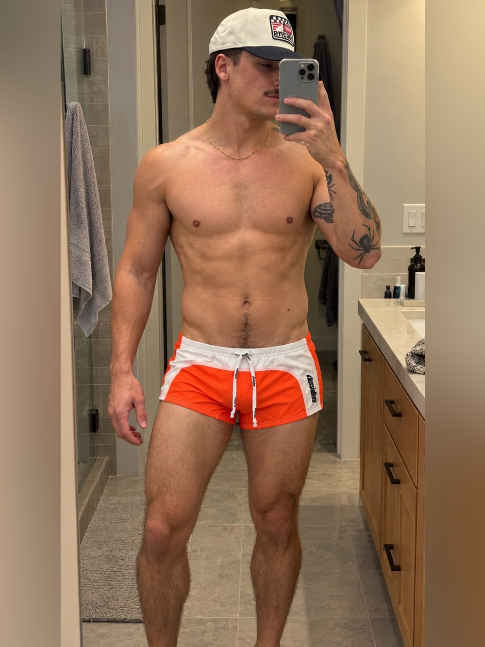 Men's Orange and White Swim Trunks with Drawstring AussieBum Size M